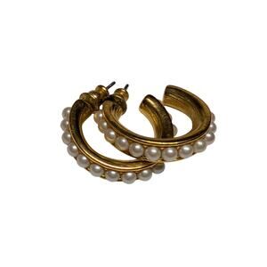 Trifari Gold-Tone Pearl Hoop Earrings – Signed